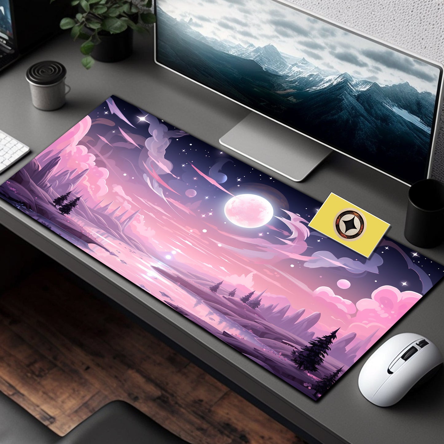 Pink Kawaii Serene Midnight Full Moon Sky, River, Clouds And Forest Cute Desk Mat, Anime Mousepad, Aesthetic Desk Pad, Lofi Desk Mat