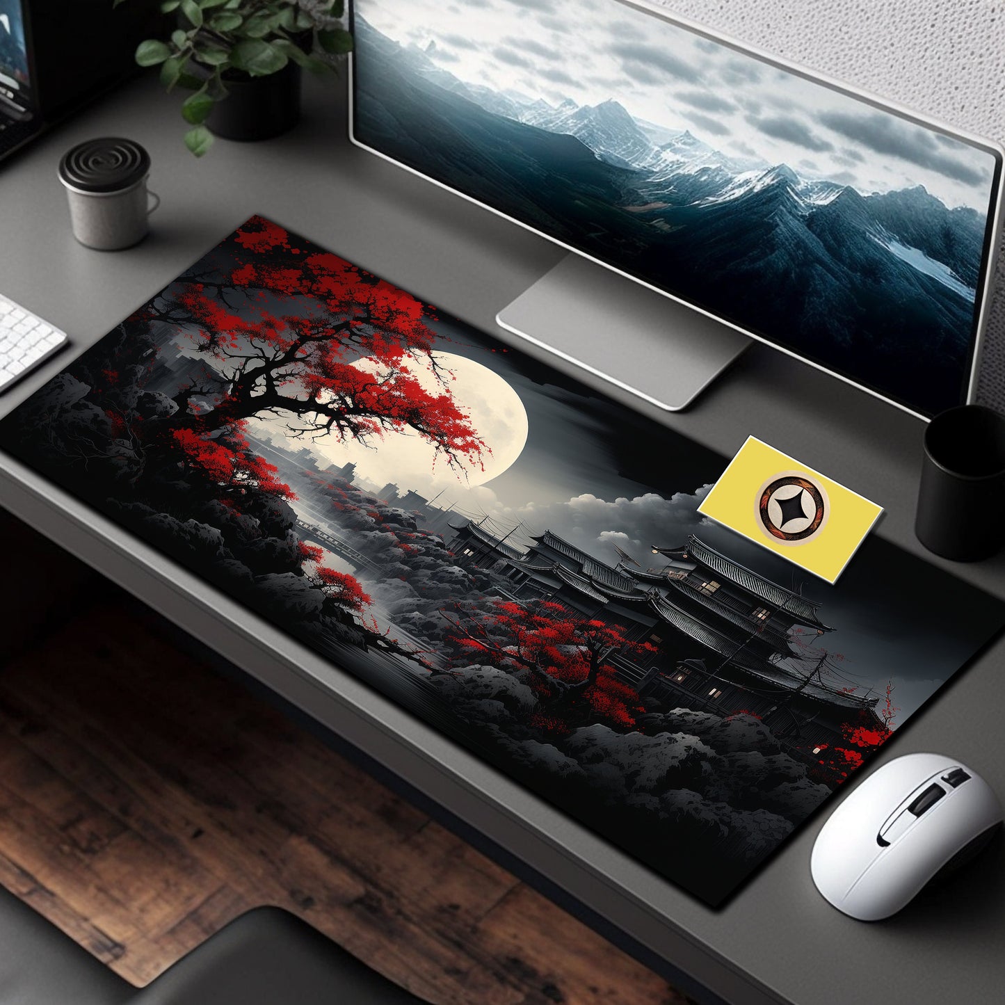 Riverside Japan Full Moon In Black And Red, Long Mouse Pad, Extra Large Mousepad, Gaming Desk Mat, Japanese Desk Pad