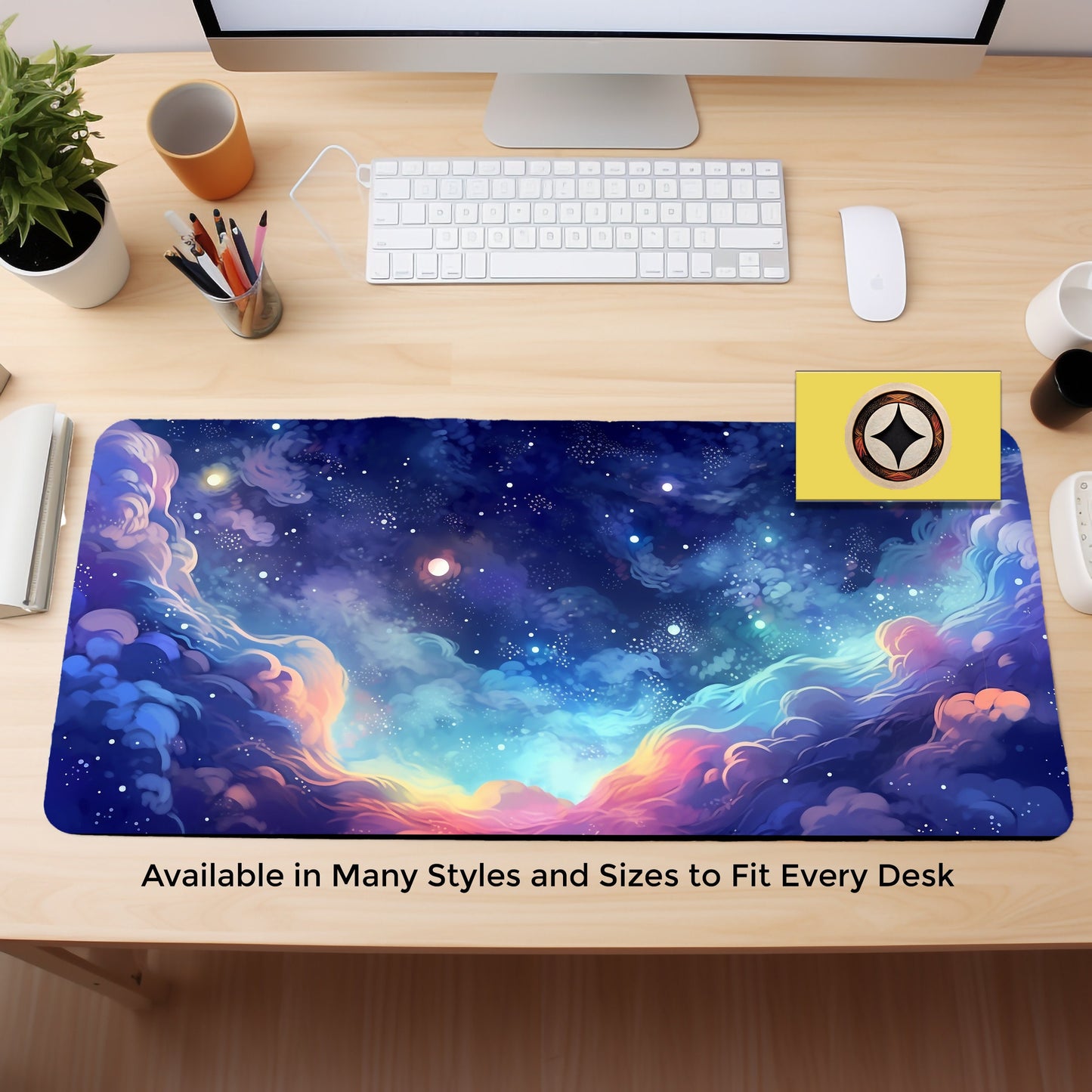 Pastel Anime Space Desk Mat, Nebula View, Cute Aesthetic Stars And Galaxies, Large Deep Dark Blue Cosmos Mouse Pad