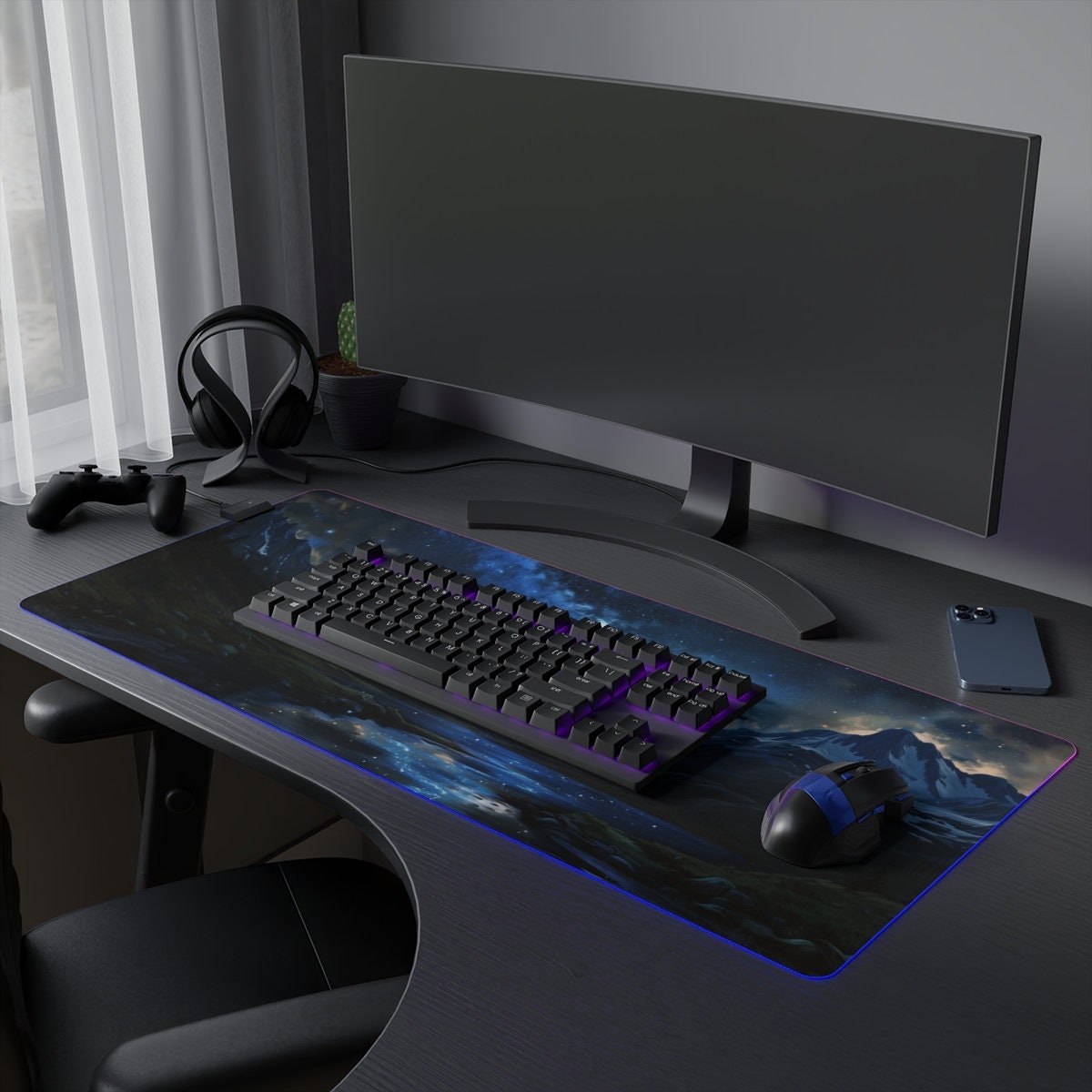 Oversized Mouse Pad, Extended Mousepad, Mountain Desk Mat, Western Mountain At Night And Blue Milkyway Sky, Gaming Desk Mat, Gift For Dad