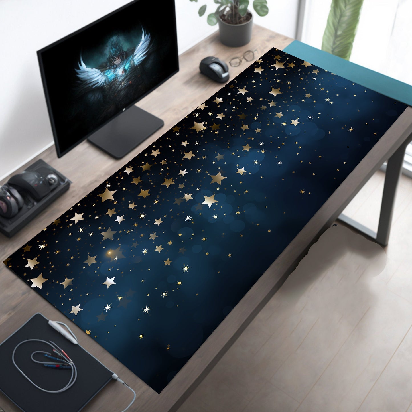 Blue Night Starry Sky Desk Mat, Kawaii Mouse Pad, Cute Mousepad, Aesthetic Desk Decor, Blue Desk Pad, Extra Large Mousemat, Big Deskmat