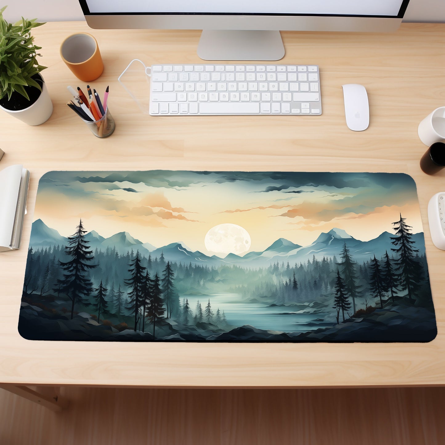 Foggy Pine Forest Green Aesthetic Mountain Mousepad Xl, Gaming Mouse Pad Xxl, Aesthetic Desk Mat, Cute Desk Decor, Lofi Desk Pad