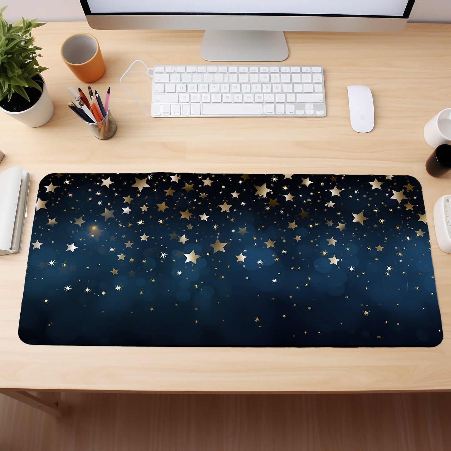 Blue Night Starry Sky Desk Mat, Kawaii Mouse Pad, Cute Mousepad, Aesthetic Desk Decor, Blue Desk Pad, Extra Large Mousemat, Big Deskmat