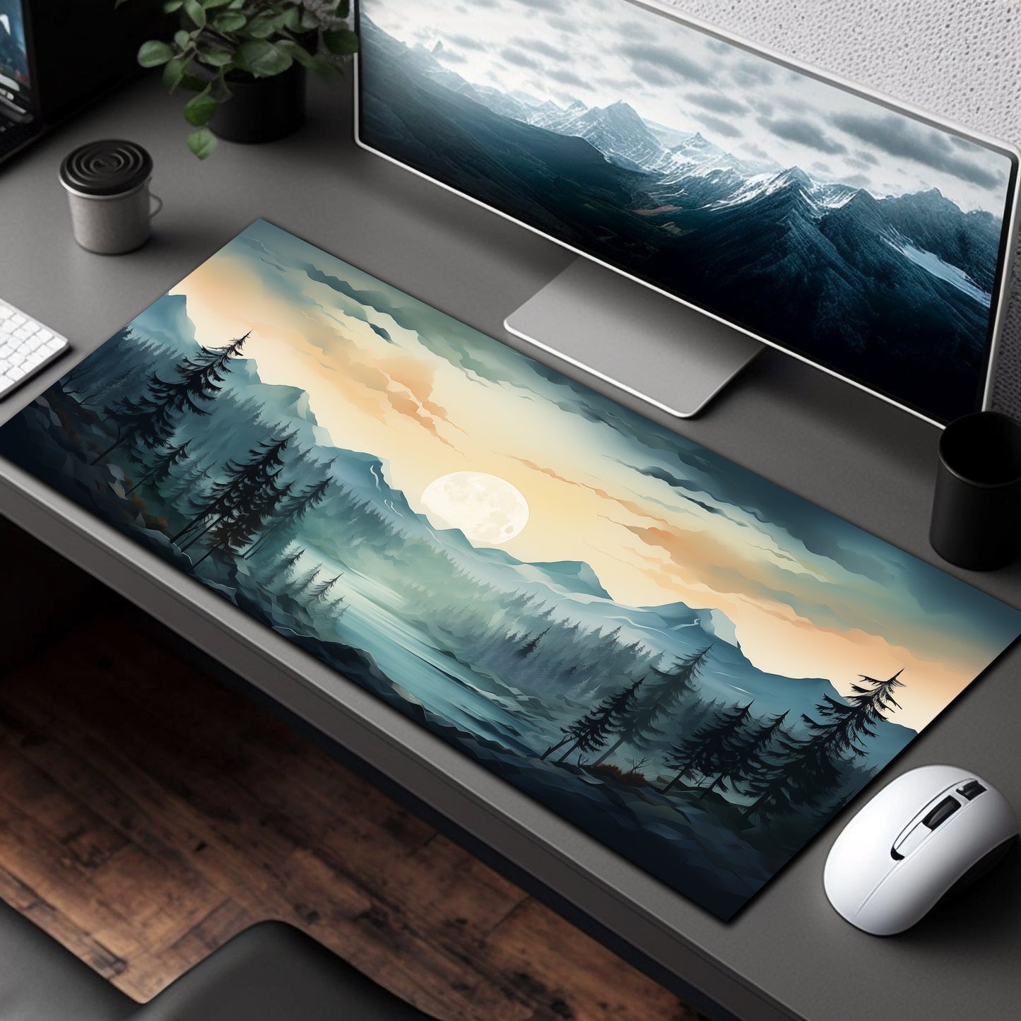 Foggy Pine Forest Green Aesthetic Mountain Mousepad Xl, Gaming Mouse Pad Xxl, Aesthetic Desk Mat, Cute Desk Decor, Lofi Desk Pad