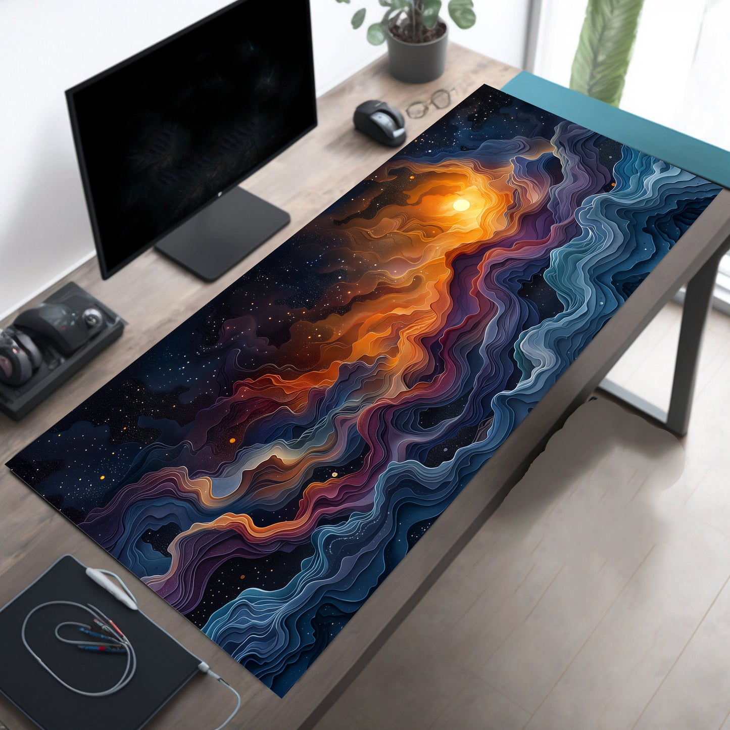 Galactic Dance Of Light And Clouds, Deep Space Gaming Desk Mat Mouse Pad Xxl, Pastel Cloud Waves Mousepad Xl, Gamer Gift
