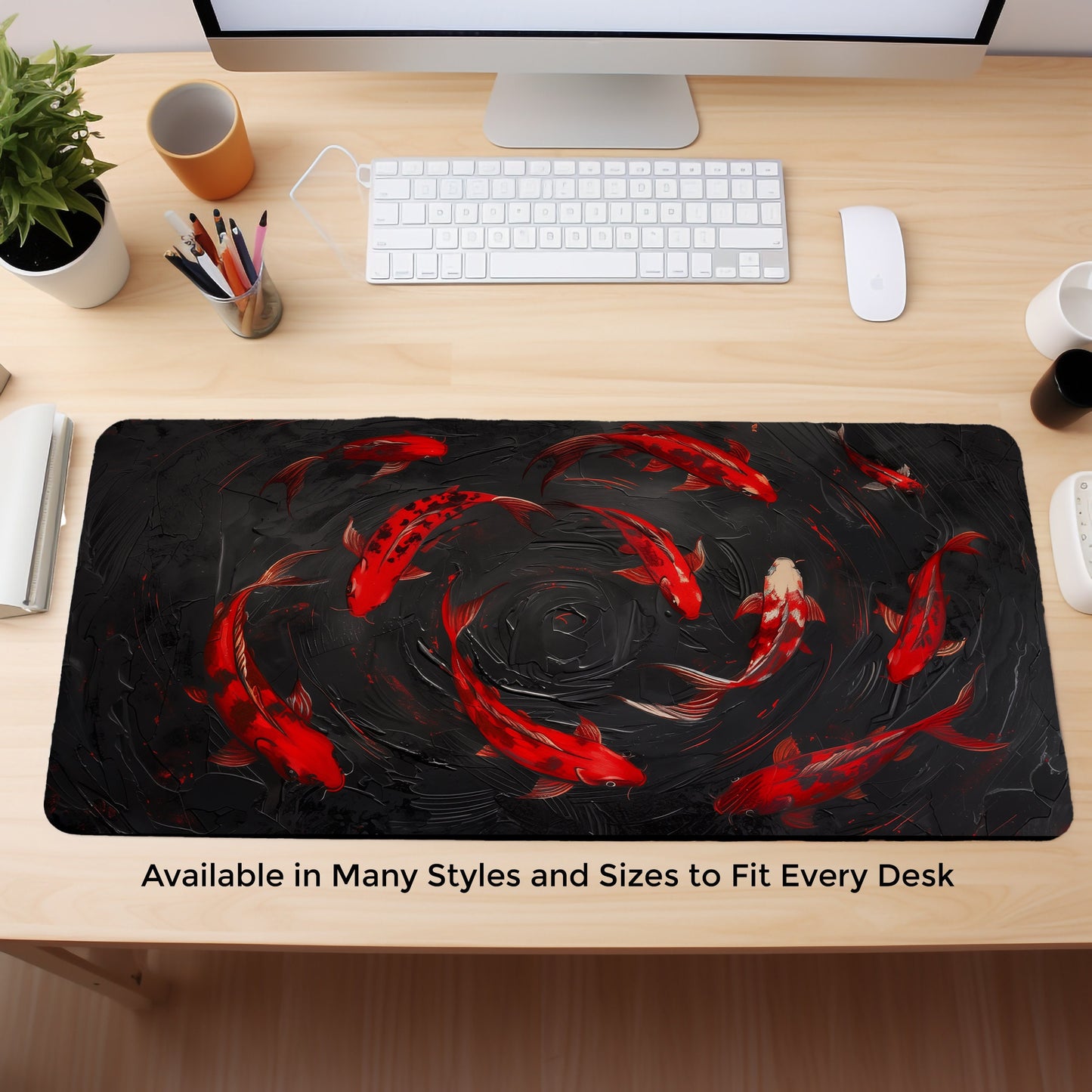 Red Koi Fish On Black Textured Background Extended Desk Pad Mousepad Xl, Oversized Mouse Pad, Giant Desk Mat, Round Mousemat, Xl Xxl Big
