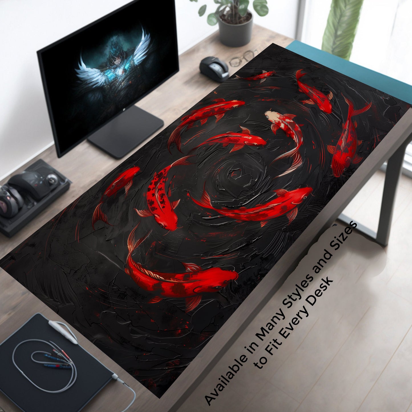 Red Koi Fish On Black Textured Background Extended Desk Pad Mousepad Xl, Oversized Mouse Pad, Giant Desk Mat, Round Mousemat, Xl Xxl Big