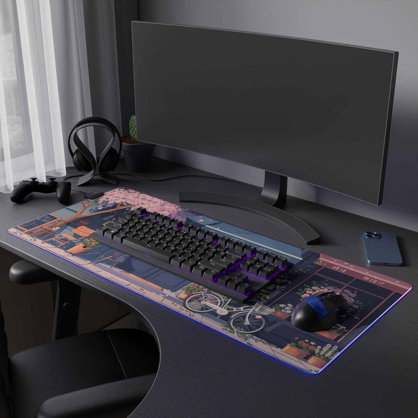 Cute Desk Decor, Anime-inspired Purple Blue And Pink Tokyo Steet Bakery Shop, Cute Desk Mat Mousepad Xl, Kawaii Mouse Pad, Lofi Desk Pad