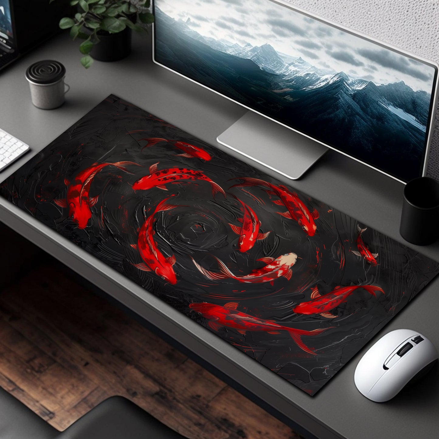 Red Koi Fish On Black Textured Background Extended Desk Pad Mousepad Xl, Oversized Mouse Pad, Giant Desk Mat, Round Mousemat, Xl Xxl Big