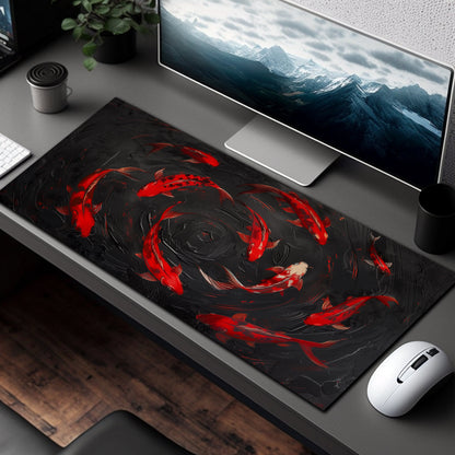 Red Koi Fish On Black Textured Background Extended Desk Pad Mousepad Xl, Oversized Mouse Pad, Giant Desk Mat, Round Mousemat, Xl Xxl Big