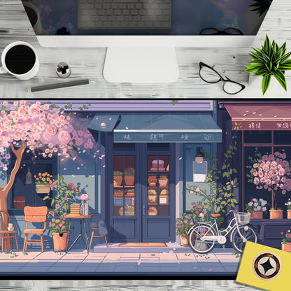 Cute Desk Decor, Anime-inspired Purple Blue And Pink Tokyo Steet Bakery Shop, Cute Desk Mat Mousepad Xl, Kawaii Mouse Pad, Lofi Desk Pad