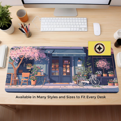 Cute Desk Decor, Anime-inspired Purple Blue And Pink Tokyo Steet Bakery Shop, Cute Desk Mat Mousepad Xl, Kawaii Mouse Pad, Lofi Desk Pad