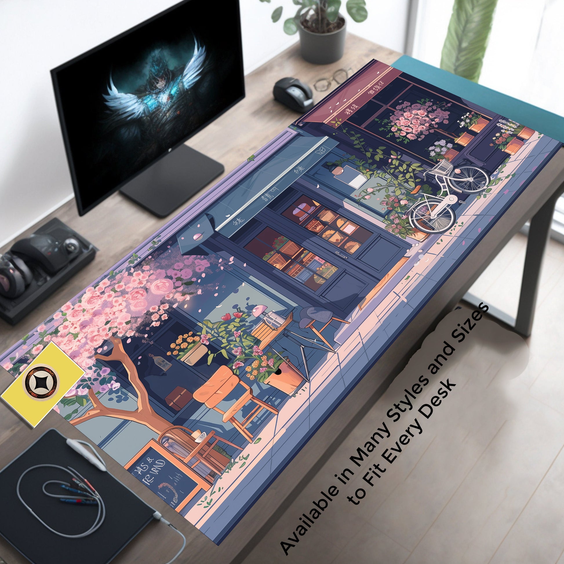 Cute Desk Decor, Anime-inspired Purple Blue And Pink Tokyo Steet Bakery Shop, Cute Desk Mat Mousepad Xl, Kawaii Mouse Pad, Lofi Desk Pad