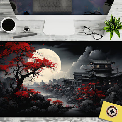 Riverside Japan Full Moon In Black And Red, Long Mouse Pad, Extra Large Mousepad, Gaming Desk Mat, Japanese Desk Pad
