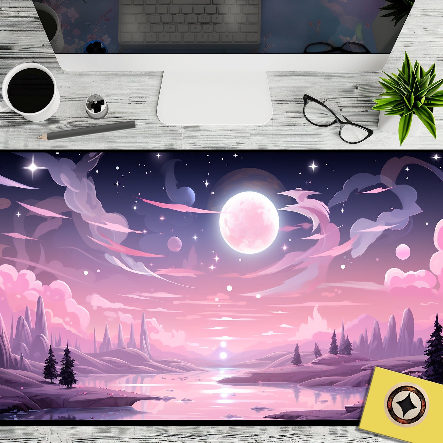Pink Kawaii Serene Midnight Full Moon Sky, River, Clouds And Forest Cute Desk Mat, Anime Mousepad, Aesthetic Desk Pad, Lofi Desk Mat