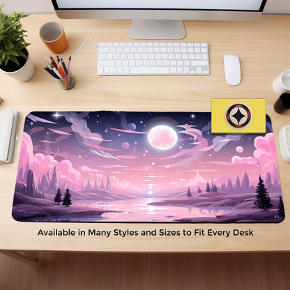 Pink Kawaii Serene Midnight Full Moon Sky, River, Clouds And Forest Cute Desk Mat, Anime Mousepad, Aesthetic Desk Pad, Lofi Desk Mat
