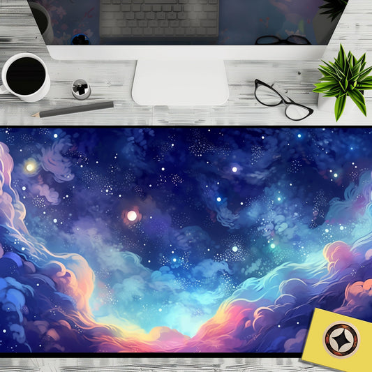 Pastel Anime Space Desk Mat, Nebula View, Cute Aesthetic Stars And Galaxies, Large Deep Dark Blue Cosmos Mouse Pad