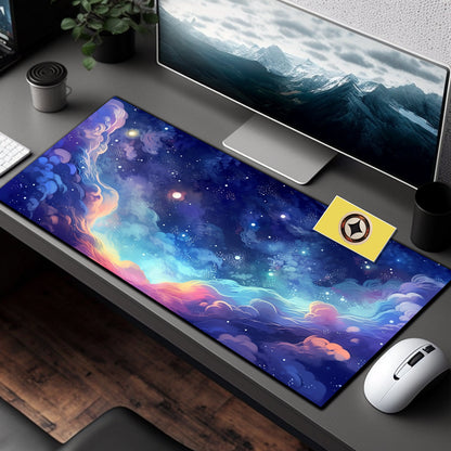Pastel Anime Space Desk Mat, Nebula View, Cute Aesthetic Stars And Galaxies, Large Deep Dark Blue Cosmos Mouse Pad