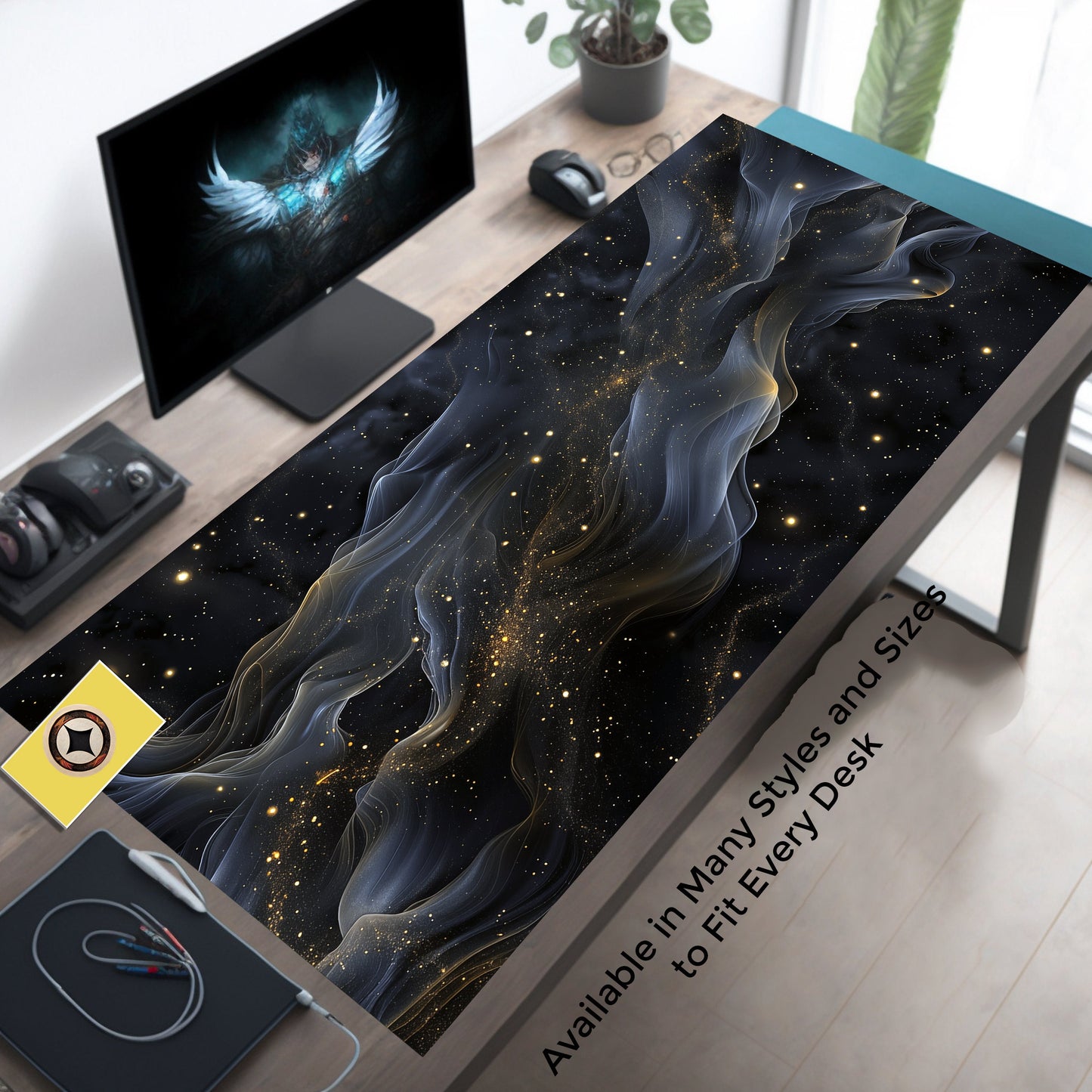 Dark Cosmic Whisps Black And Gold Desk Pad, Lofi Deskmat Xl, Space Themed Desk Mat Mousepad Xxl, Giant Desk Cover
