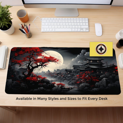 Riverside Japan Full Moon In Black And Red, Long Mouse Pad, Extra Large Mousepad, Gaming Desk Mat, Japanese Desk Pad