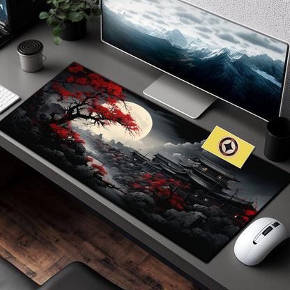 Riverside Japan Full Moon In Black And Red, Long Mouse Pad, Extra Large Mousepad, Gaming Desk Mat, Japanese Desk Pad