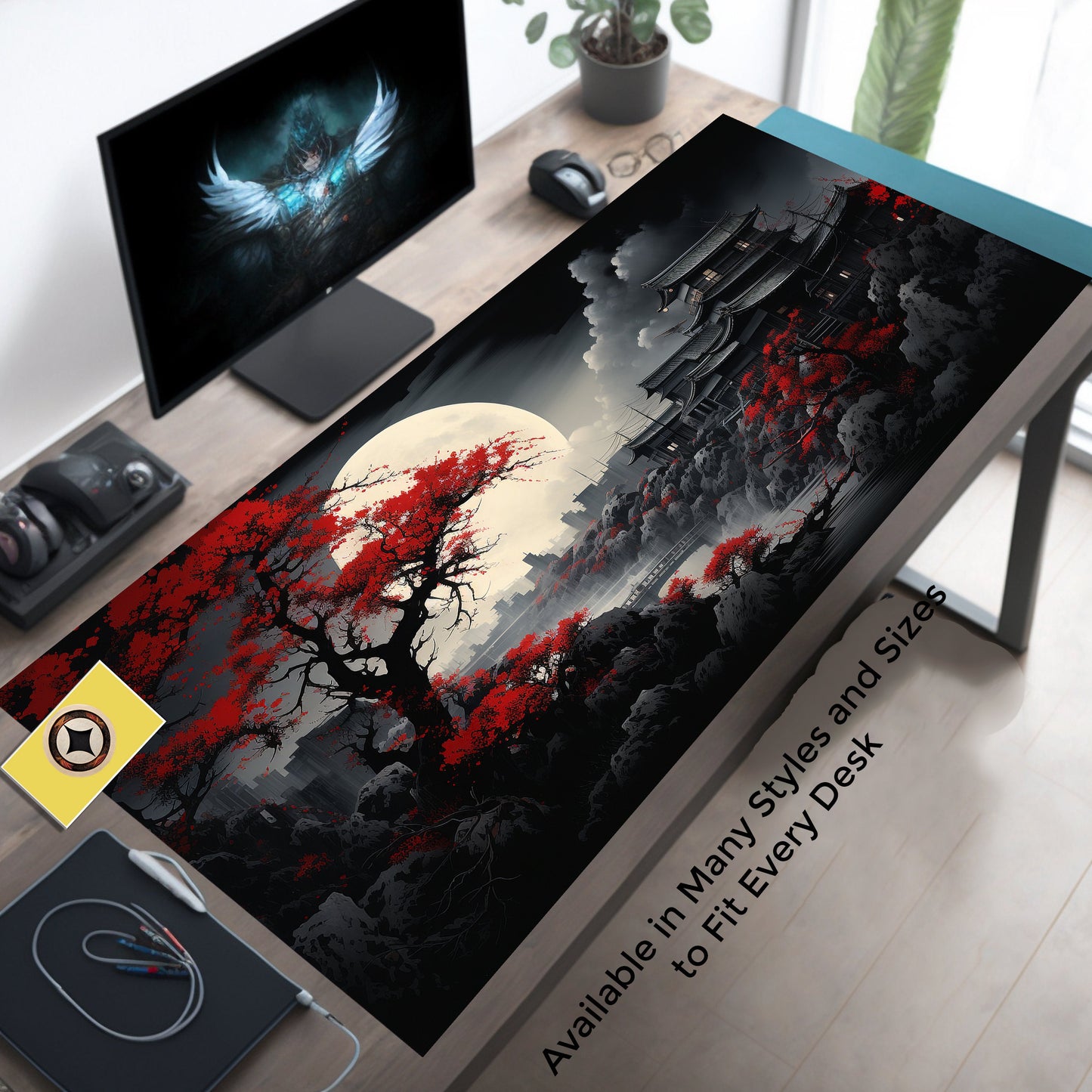 Riverside Japan Full Moon In Black And Red, Long Mouse Pad, Extra Large Mousepad, Gaming Desk Mat, Japanese Desk Pad