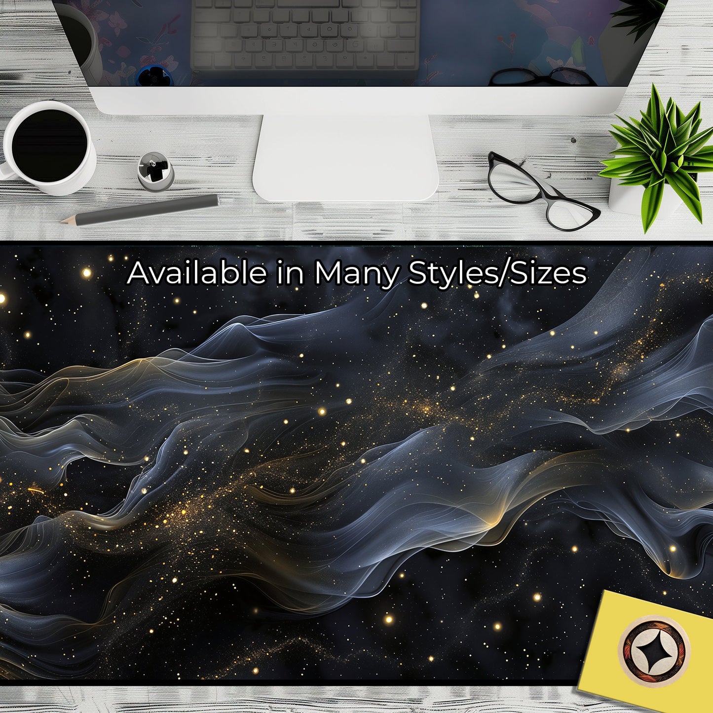 Dark Cosmic Whisps Black And Gold Desk Pad, Lofi Deskmat Xl, Space Themed Desk Mat Mousepad Xxl, Giant Desk Cover