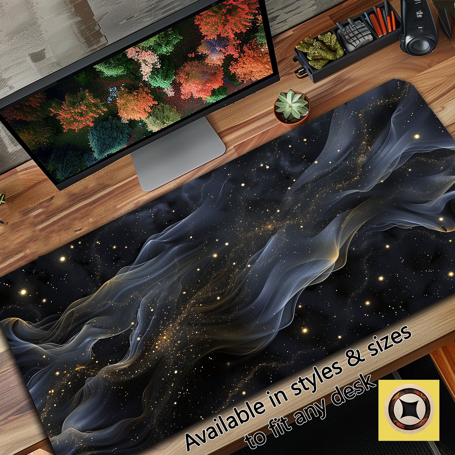 Dark Cosmic Whisps Black And Gold Desk Pad, Lofi Deskmat Xl, Space Themed Desk Mat Mousepad Xxl, Giant Desk Cover