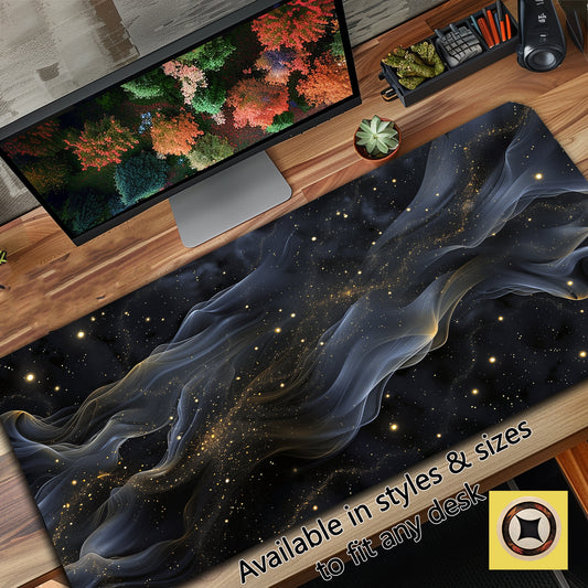 Dark Cosmic Whisps Black And Gold Desk Pad, Lofi Deskmat Xl, Space Themed Desk Mat Mousepad Xxl, Giant Desk Cover