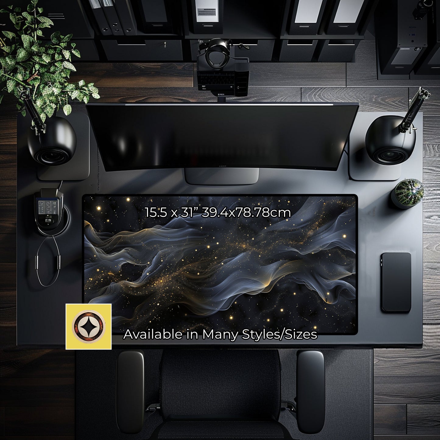 Dark Cosmic Whisps Black And Gold Desk Pad, Lofi Deskmat Xl, Space Themed Desk Mat Mousepad Xxl, Giant Desk Cover