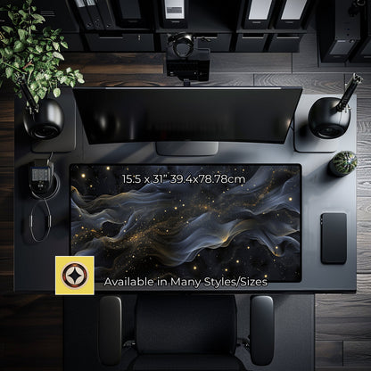 Dark Cosmic Whisps Black And Gold Desk Pad, Lofi Deskmat Xl, Space Themed Desk Mat Mousepad Xxl, Giant Desk Cover