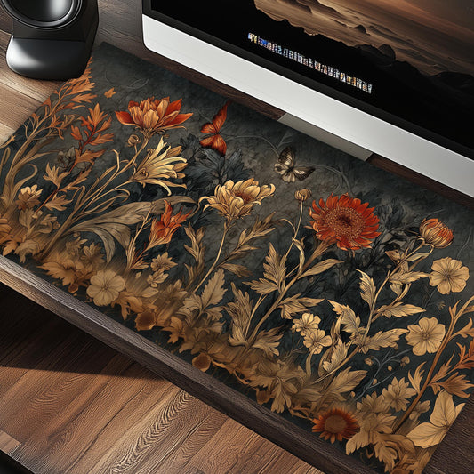 Vintage Medieval Autumn Flowers Dark Cottagecore Desk Mat Mousemat - Aesthetic Desk Decor Desk Pad - Autumn Floral Mouse Pad Xl