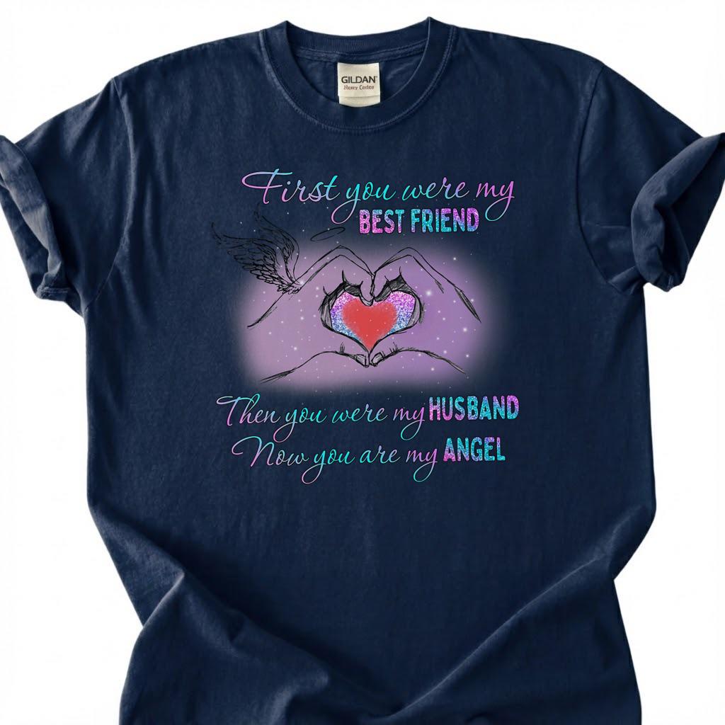Loving Husband Angel Memorial Shirt, Grieving Wife Heart Tee, Lost Husband Remembrance T-Shirt, Missing Spouse Heaven Top, Widow Memory Gift