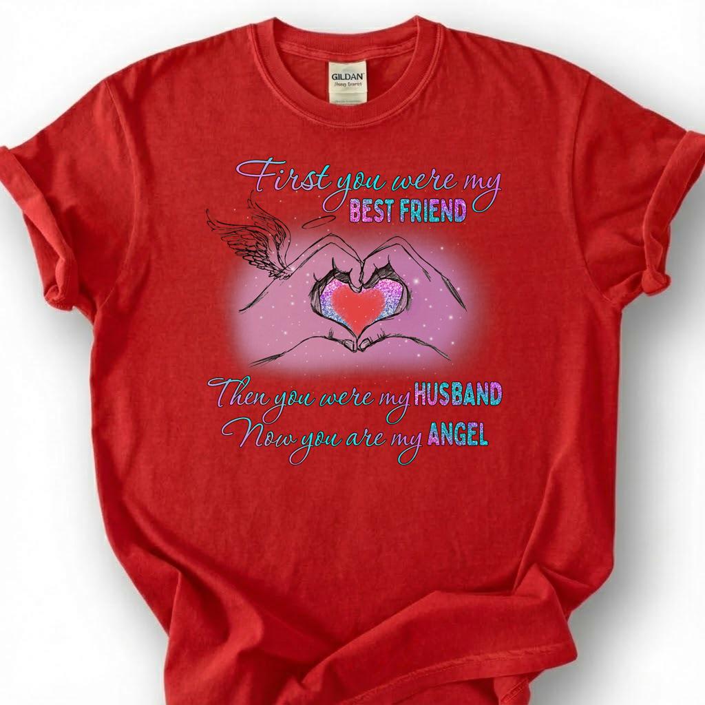 Loving Husband Angel Memorial Shirt, Grieving Wife Heart Tee, Lost Husband Remembrance T-Shirt, Missing Spouse Heaven Top, Widow Memory Gift