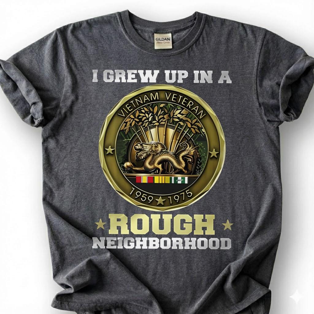 I Grew Up In A Rough Neighborhood Shirt, Vietnam Veteran 1959-1975 Medal Tee, Vietnam War Coin T-Shirt, Patriotic Nam Vet Military Gift