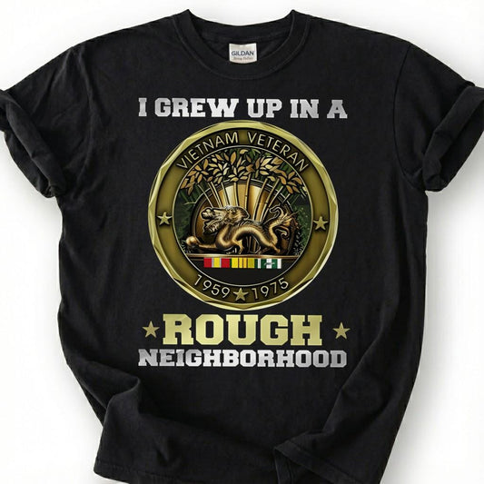 I Grew Up In A Rough Neighborhood Shirt, Vietnam Veteran 1959-1975 Medal Tee, Vietnam War Coin T-Shirt, Patriotic Nam Vet Military Gift