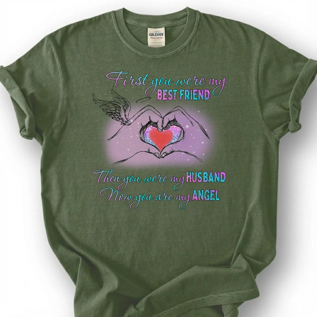 Loving Husband Angel Memorial Shirt, Grieving Wife Heart Tee, Lost Husband Remembrance T-Shirt, Missing Spouse Heaven Top, Widow Memory Gift