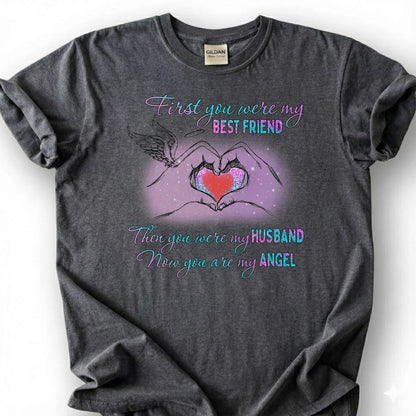 Loving Husband Angel Memorial Shirt, Grieving Wife Heart Tee, Lost Husband Remembrance T-Shirt, Missing Spouse Heaven Top, Widow Memory Gift