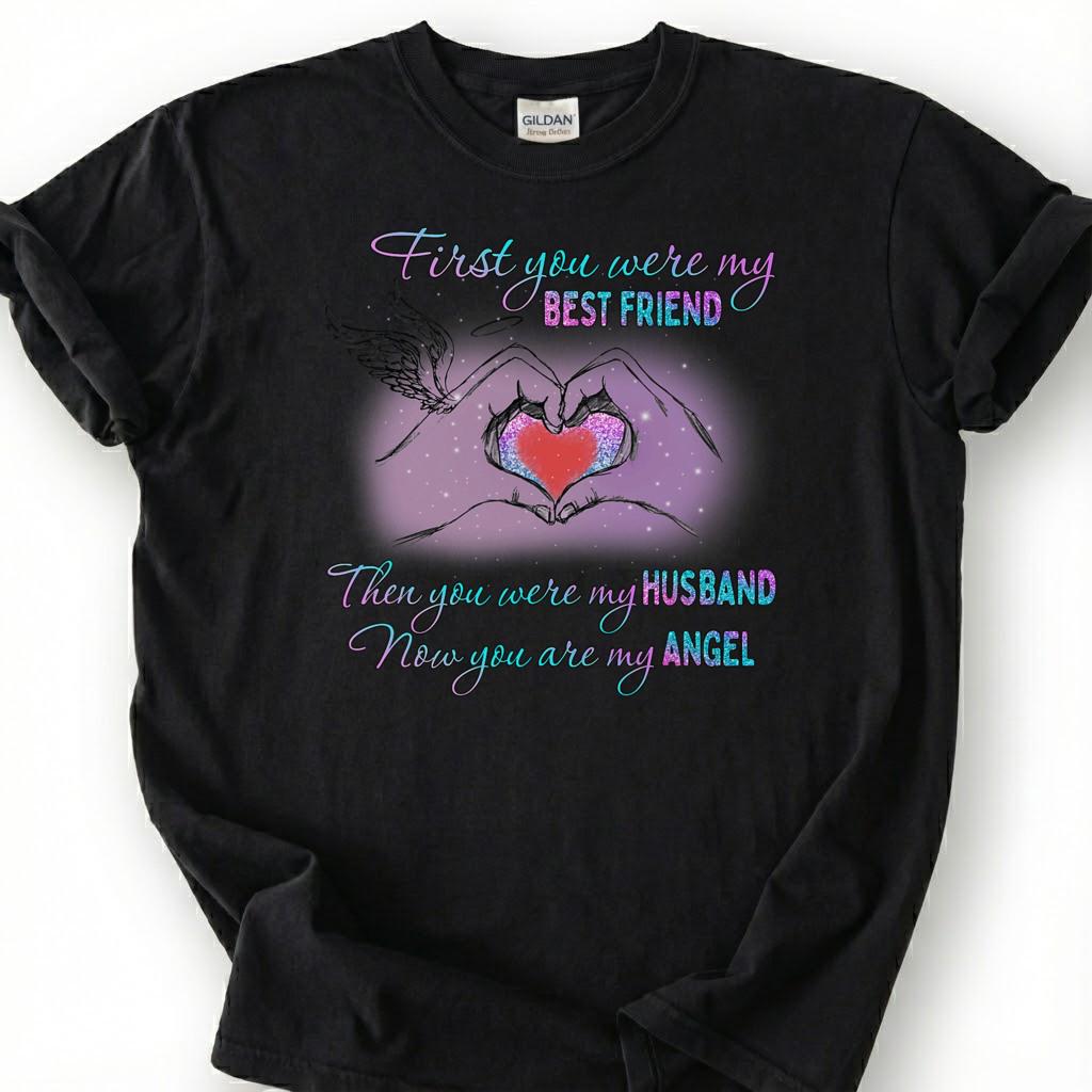 Loving Husband Angel Memorial Shirt, Grieving Wife Heart Tee, Lost Husband Remembrance T-Shirt, Missing Spouse Heaven Top, Widow Memory Gift