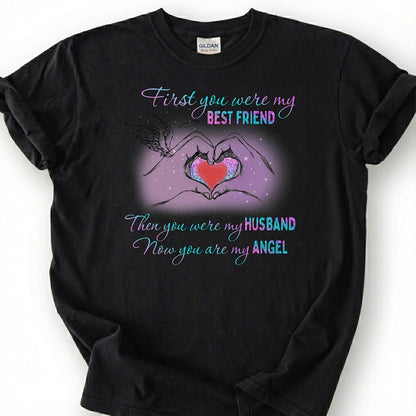 Loving Husband Angel Memorial Shirt, Grieving Wife Heart Tee, Lost Husband Remembrance T-Shirt, Missing Spouse Heaven Top, Widow Memory Gift