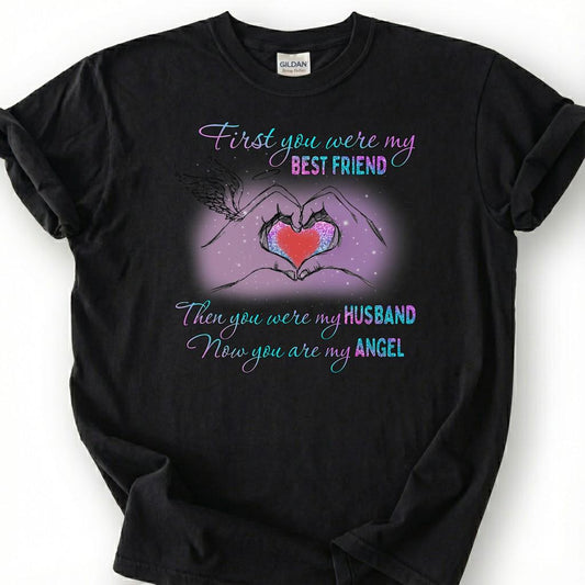 Loving Husband Angel Memorial Shirt, Grieving Wife Heart Tee, Lost Husband Remembrance T-Shirt, Missing Spouse Heaven Top, Widow Memory Gift