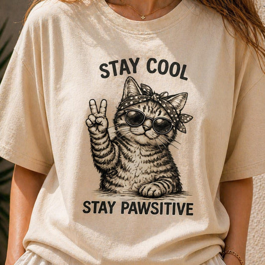 Stay Cool Stay Pawsitive Cat Shirt, Funny Cute Cat Tee, Aesthetic Cat Lover Gift, Retro Vintage Cat Graphic T-Shirt, Positive Vibes Shirt