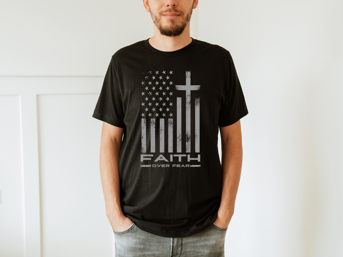 Faith Over Fear Christian American Flag T-Shirt, Religious Patriotic Gift