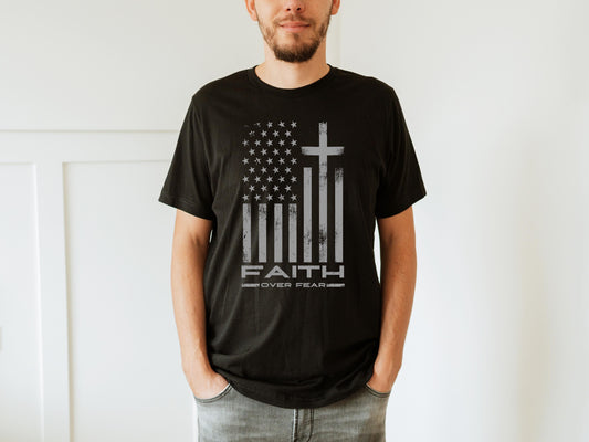 Faith Over Fear Christian American Flag T-Shirt, Religious Patriotic Gift