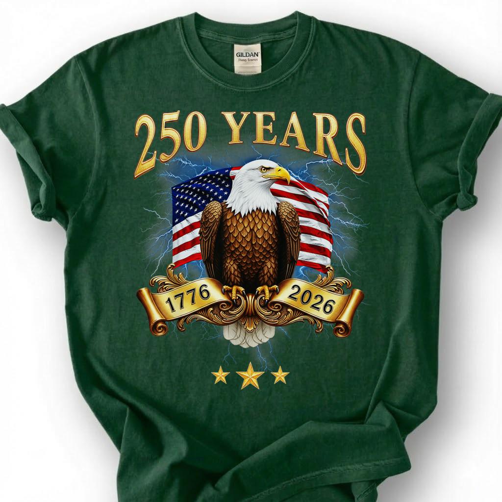 250 Years 1776 2026 Bald Eagle USA Flag Banner Shirt, Patriotic 4th Of July Tee, Semiquincentennial Gift, Vintage Gold Americana Apparel