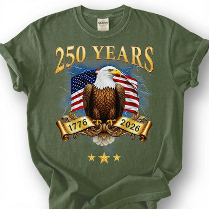 250 Years 1776 2026 Bald Eagle USA Flag Banner Shirt, Patriotic 4th Of July Tee, Semiquincentennial Gift, Vintage Gold Americana Apparel