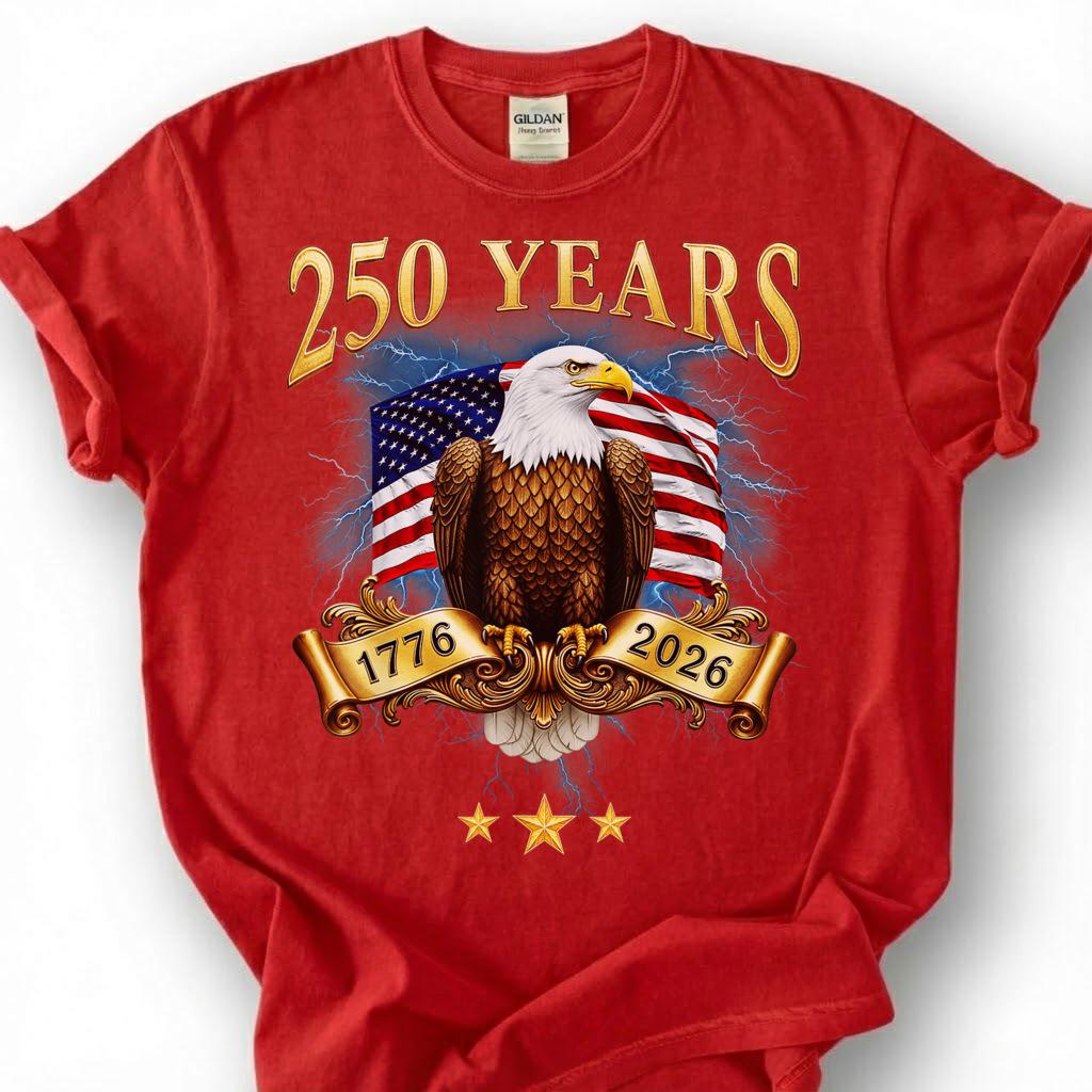250 Years 1776 2026 Bald Eagle USA Flag Banner Shirt, Patriotic 4th Of July Tee, Semiquincentennial Gift, Vintage Gold Americana Apparel