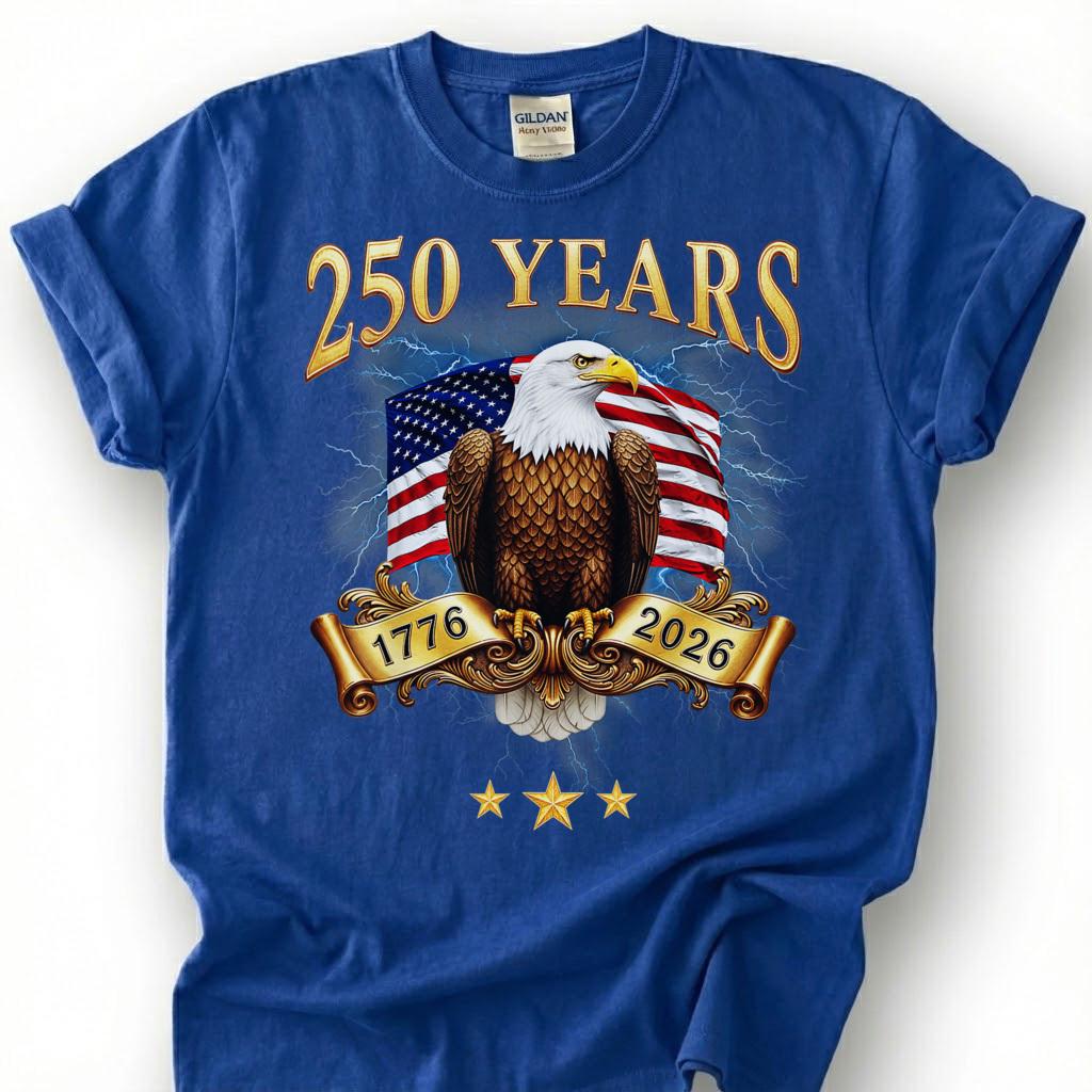 250 Years 1776 2026 Bald Eagle USA Flag Banner Shirt, Patriotic 4th Of July Tee, Semiquincentennial Gift, Vintage Gold Americana Apparel