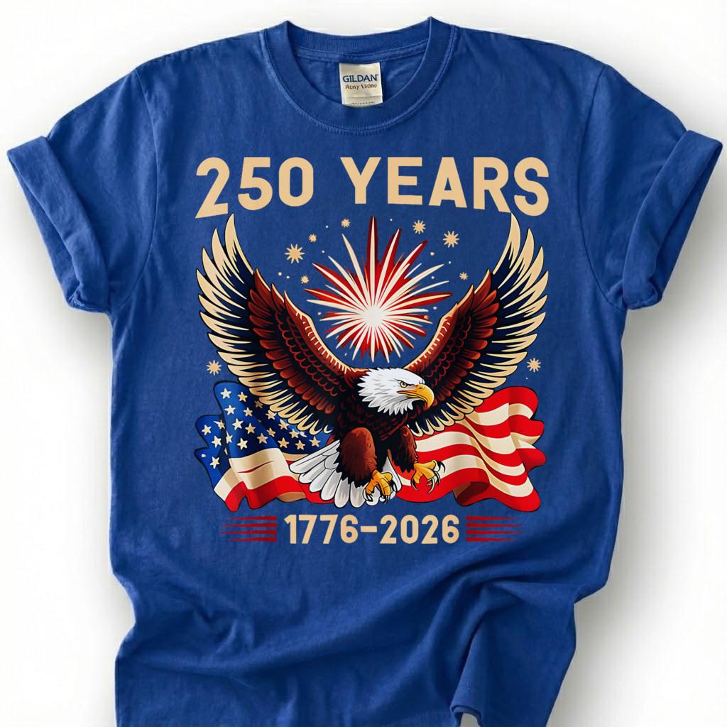 250 Years 1776 2026 Bald Eagle Fireworks Flag Shirt, Patriotic 4th Of July Tee, Semiquincentennial Gift, USA Independence Apparel Top