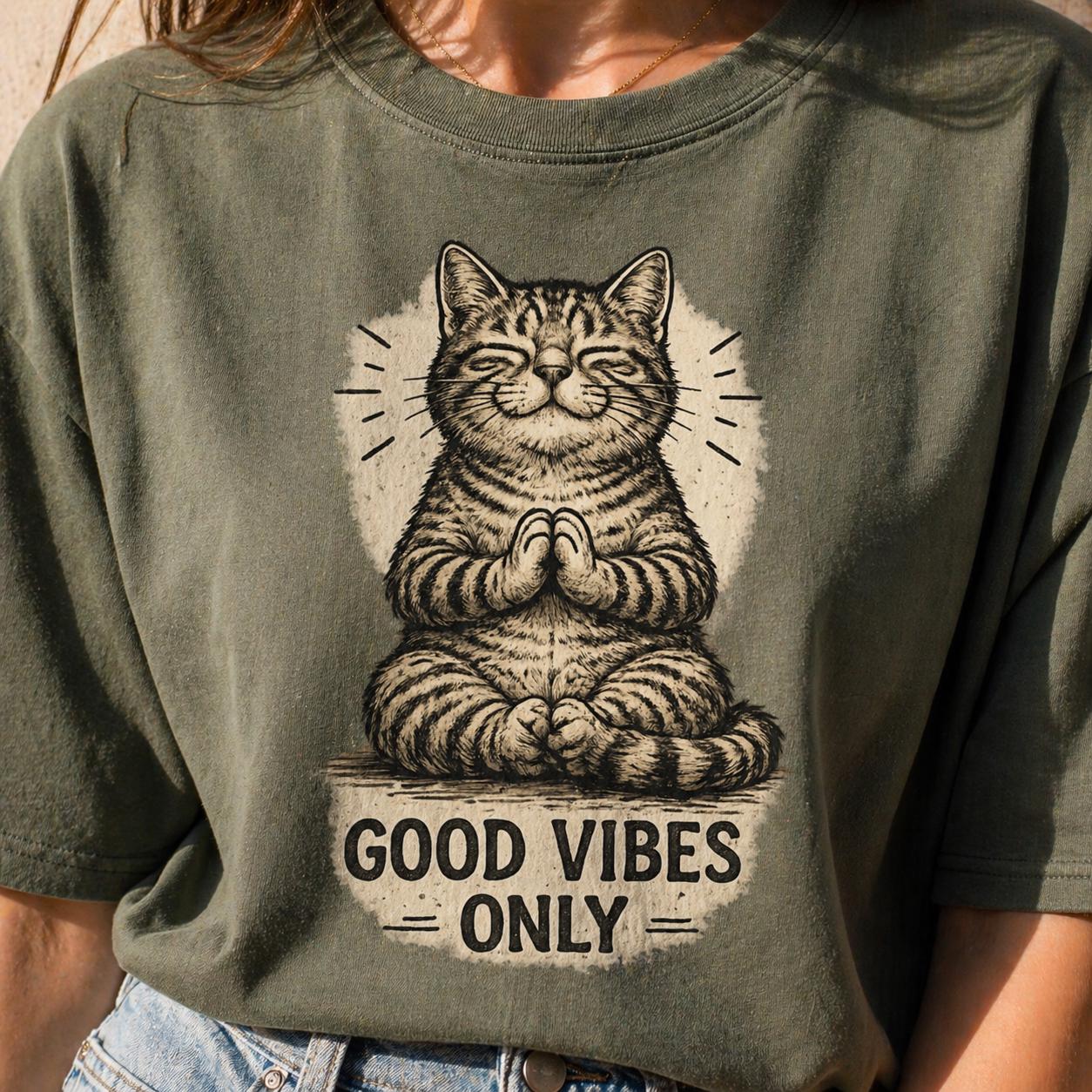 Good Vibes Only Cat Shirt, Meditating Cat Tee, Cute Funny Cat Lover Gift, Aesthetic Vintage Cat Graphic T-Shirt